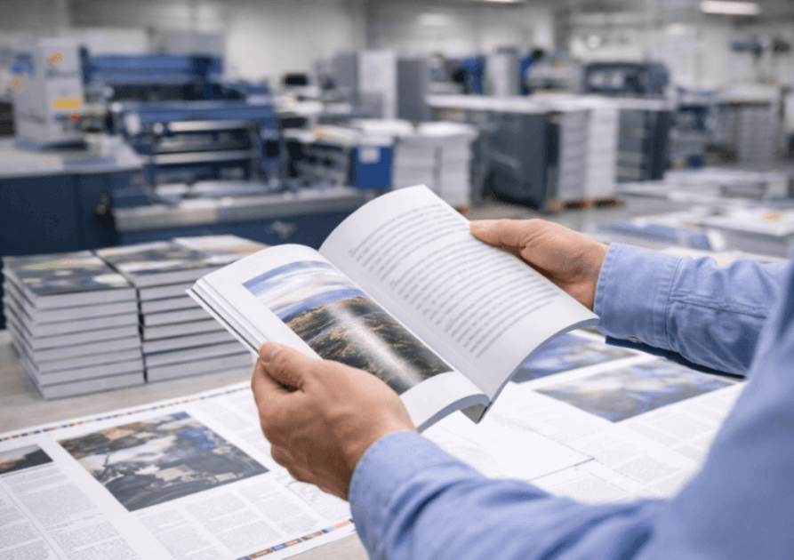 Livre ouvert dans une imprimerie en Île-de-France.