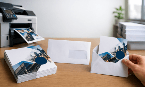 Cartes imprimées et mise sous pli illustrant le marketing direct et une imprimerie rapide et moderne.