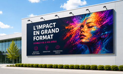 Impression grand format sur façade de bâtiment avec visuel publicitaire haute définition illustrant la qualité de rendu et la résolution d'impression grand format.