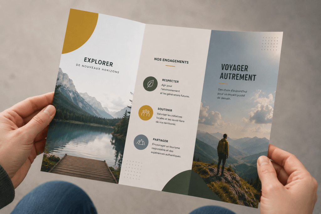 Dépliant publicitaire 3 volets présenté en main, illustrant un support de communication imprimé moderne et professionnel.