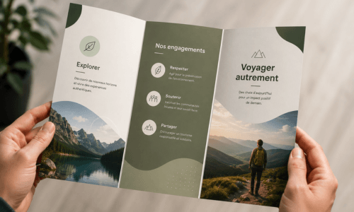 Dépliant 3 volets moderne tenu en main, exemple de support de communication imprimé professionnel pour l'impression de dépliants publicitaires.