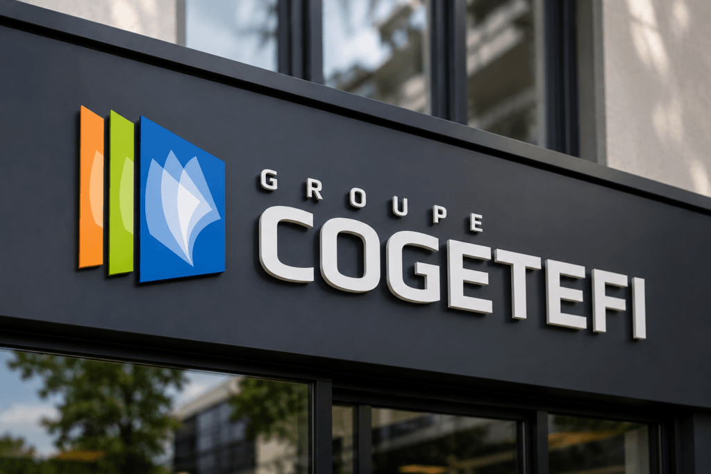 Enseigne sur mesure en lettres découpées avec logo d'entreprise installée sur la façade d'un bâtiment professionnel.