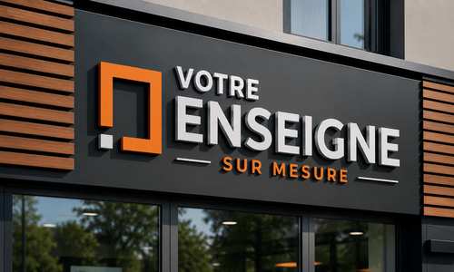 Enseigne sur mesure installée sur la façade d'un bâtiment professionnel avec lettres en relief et signalétique personnalisée.