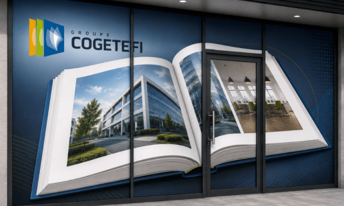 Vitrophanie représentant un livre ouvert imprimé sur une vitrine avec le logo COGETEFI