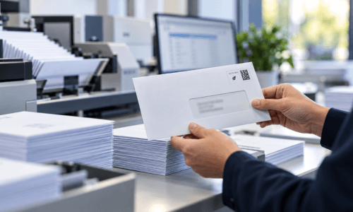 Courrier d’adressage personnalisé en cours de préparation avant mise sous pli, routage et envoi postal.
