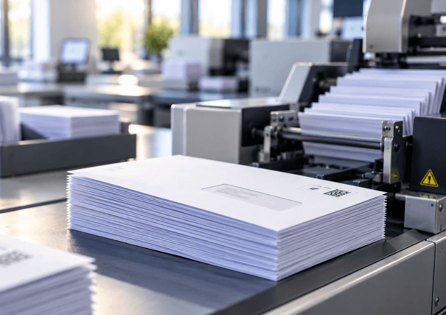 Courriers d’adressage préparés sur une ligne de production avant mise sous pli, routage et expédition postale.