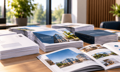 Documents professionnels imprimés avec brochures, catalogues et courriers personnalisés