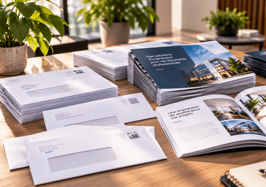 Impression de documents professionnels avec enveloppes, brochures et supports de communication